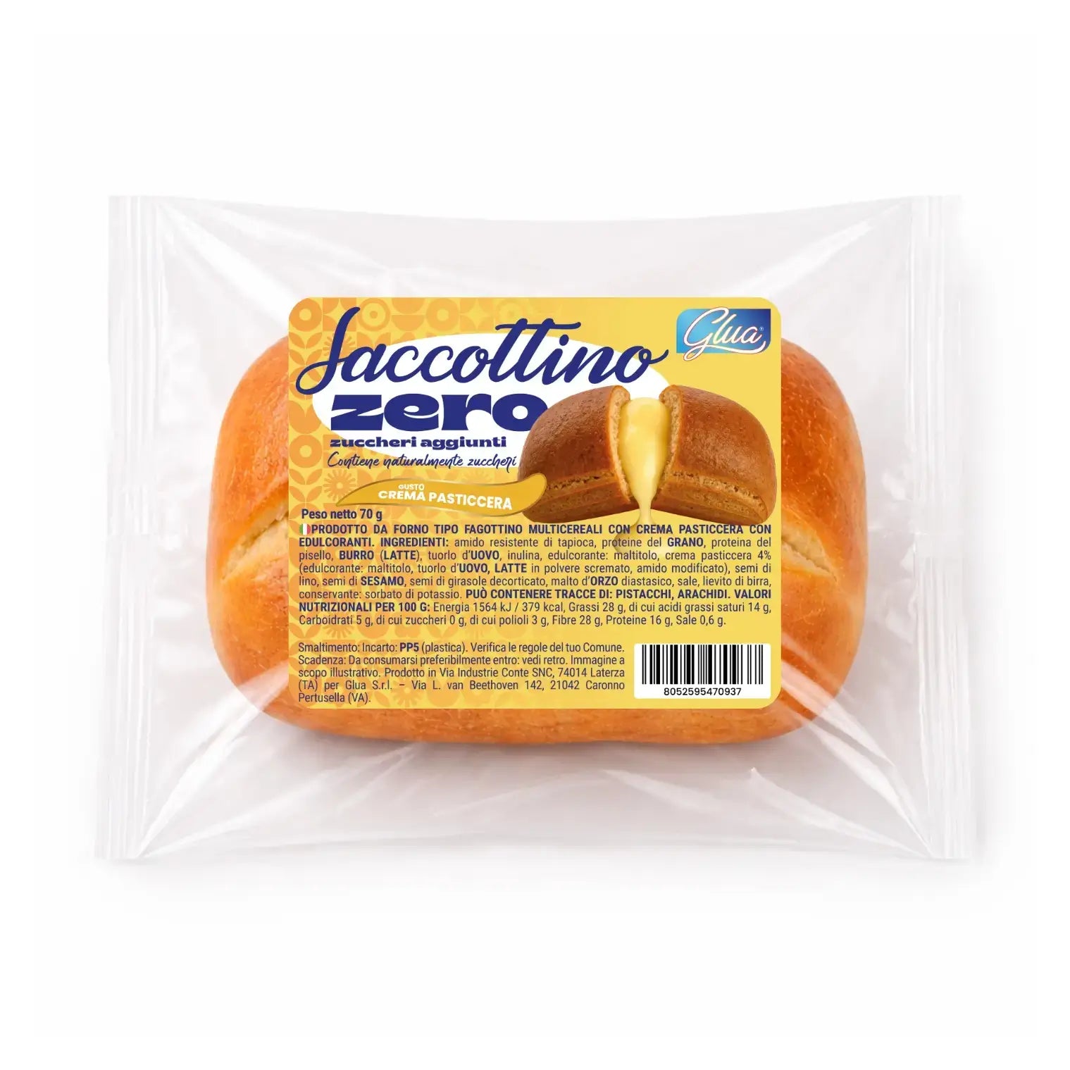 Saccottino alla crema pasticcera confezionato, prodotto con 3,5 g di carboidrati, ideale per dieta chetogenica.