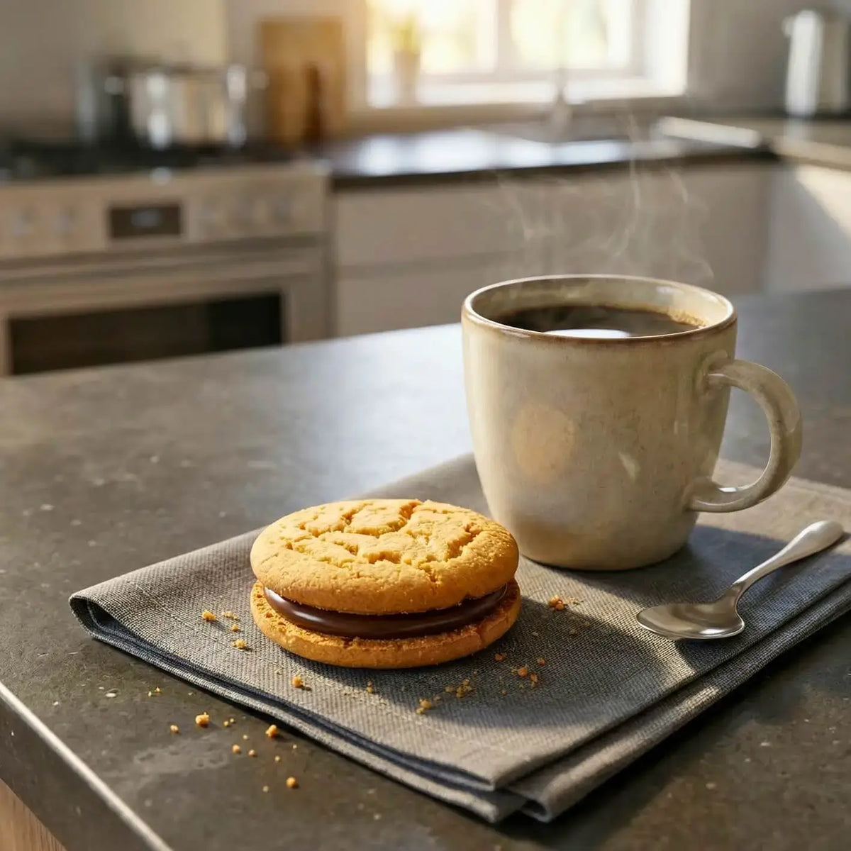 Fior di Crema Proteici alla Nocciola con caffè in una cucina moderna, momento di piacere per dieta chetogenica.