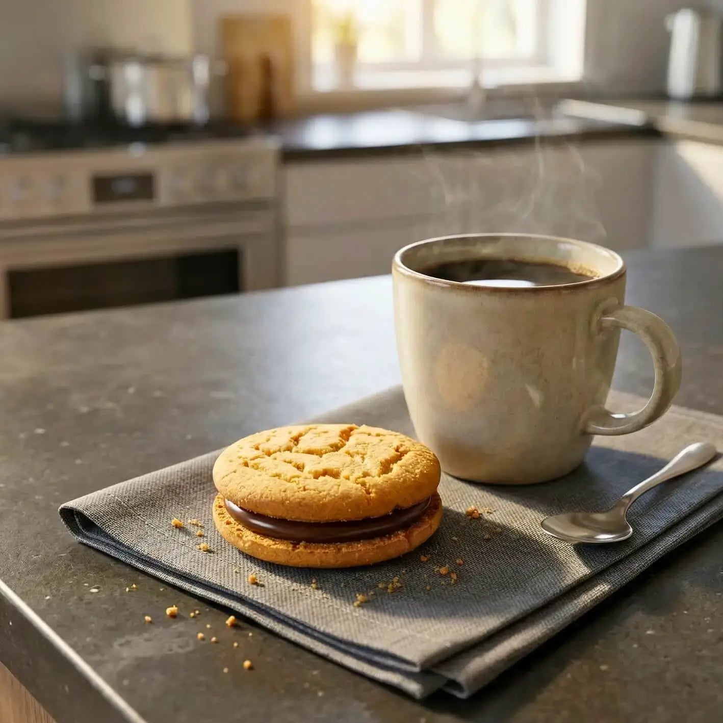 Fior di Crema Proteici alla Nocciola con caffè in una cucina moderna, momento di piacere per dieta chetogenica.