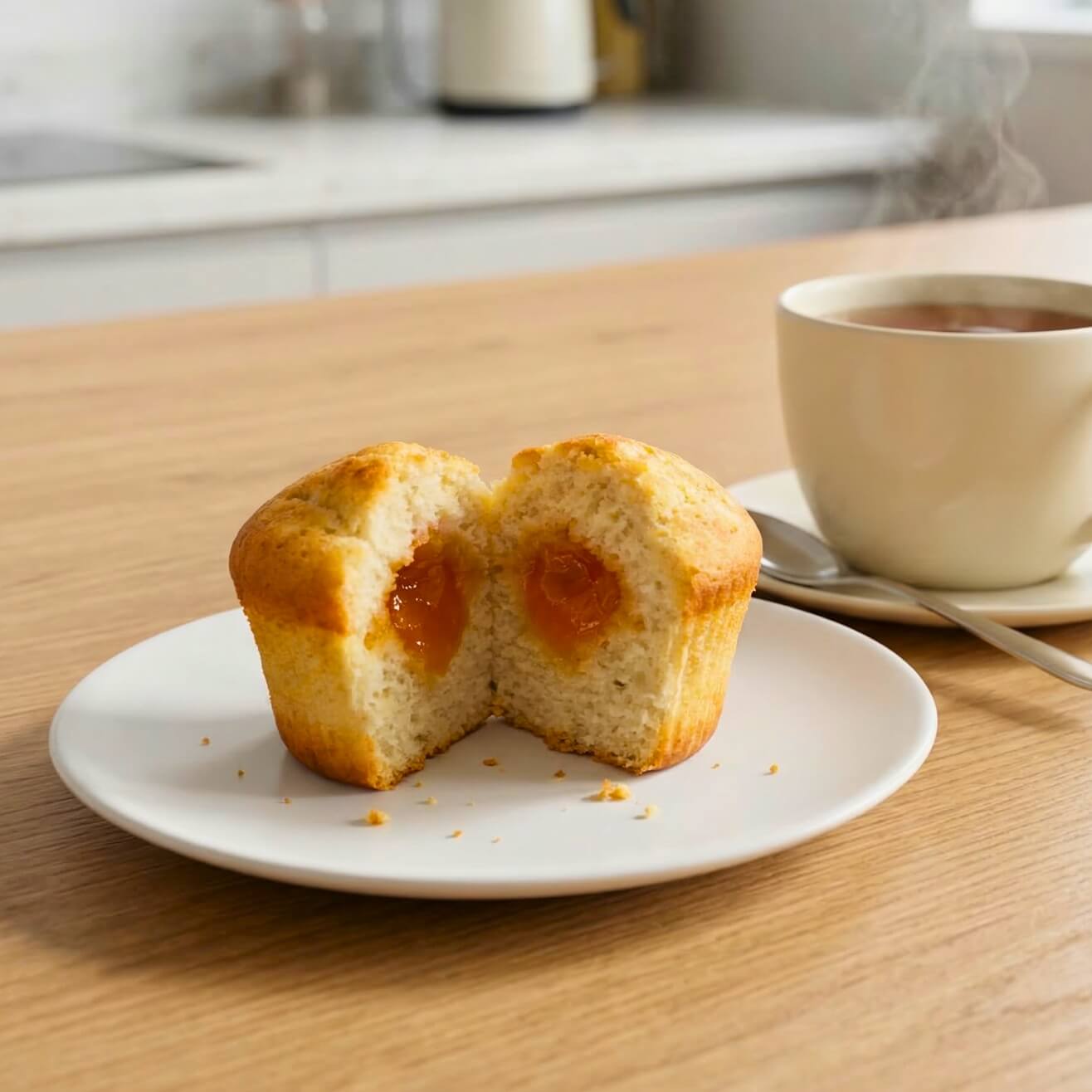 15 Muffin proteici con Cuore all'Albicocca su piatto con tazza di tè, delizioso e fruttato.