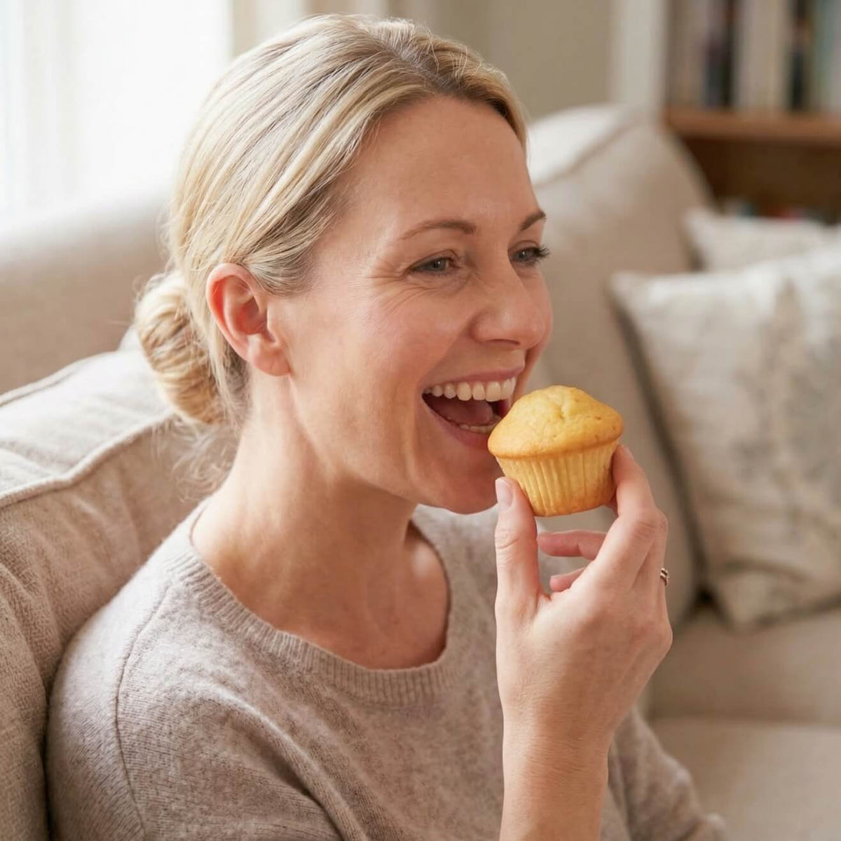 Donna felice che gusta un muffin, rappresentante dei 15 Muffin proteici con Cuore all'Albicocca.