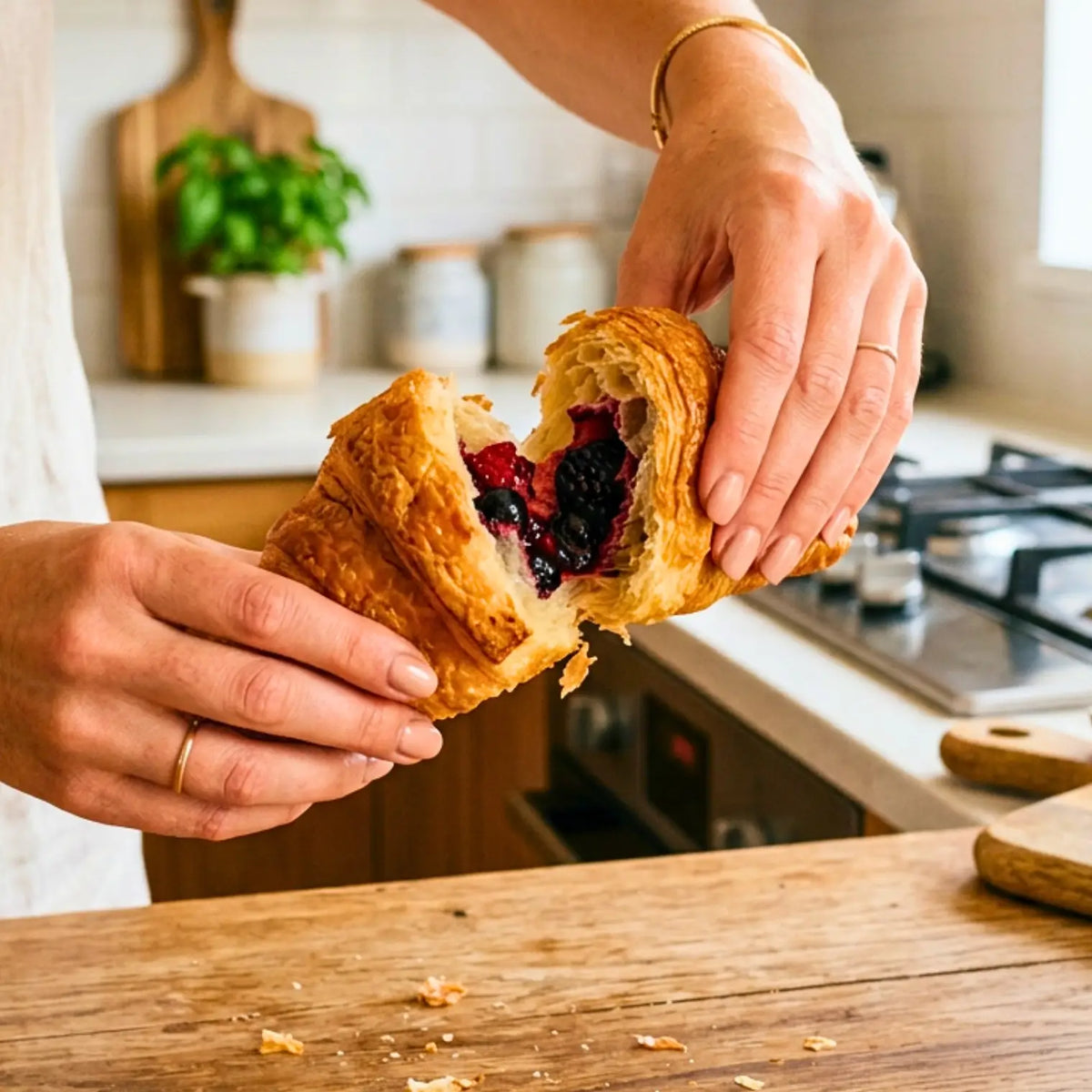15 Cornetti proteici ripieni ai frutti di bosco aperti, mostrando il ripieno di frutti di bosco, ideali per la dieta chetogenica.