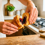 15 Cornetti proteici ripieni ai frutti di bosco aperti, mostrando il ripieno di frutti di bosco, ideali per la dieta chetogenica.