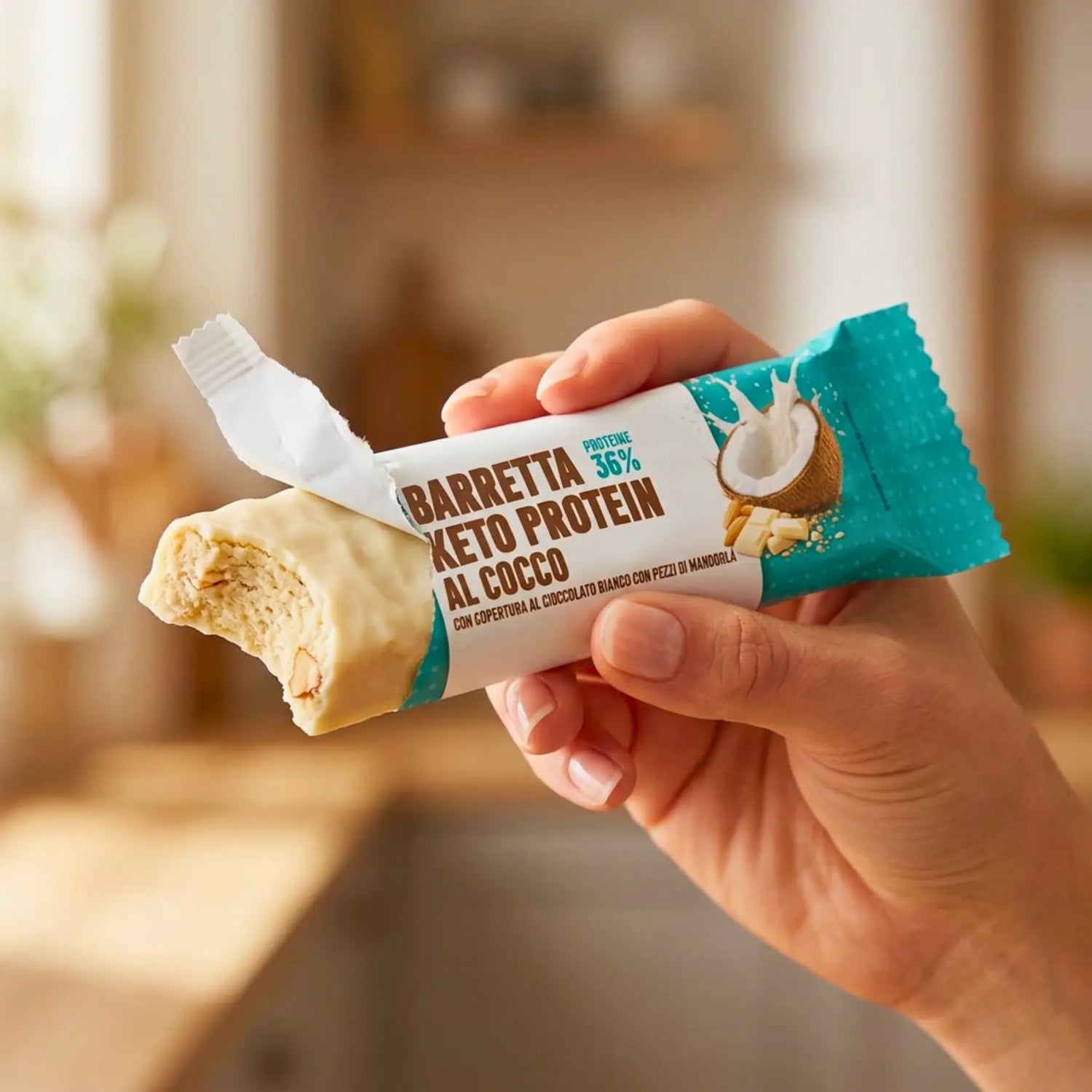 Barretta keto protein al Cocco con Cioccolato Bianco e Mandorle