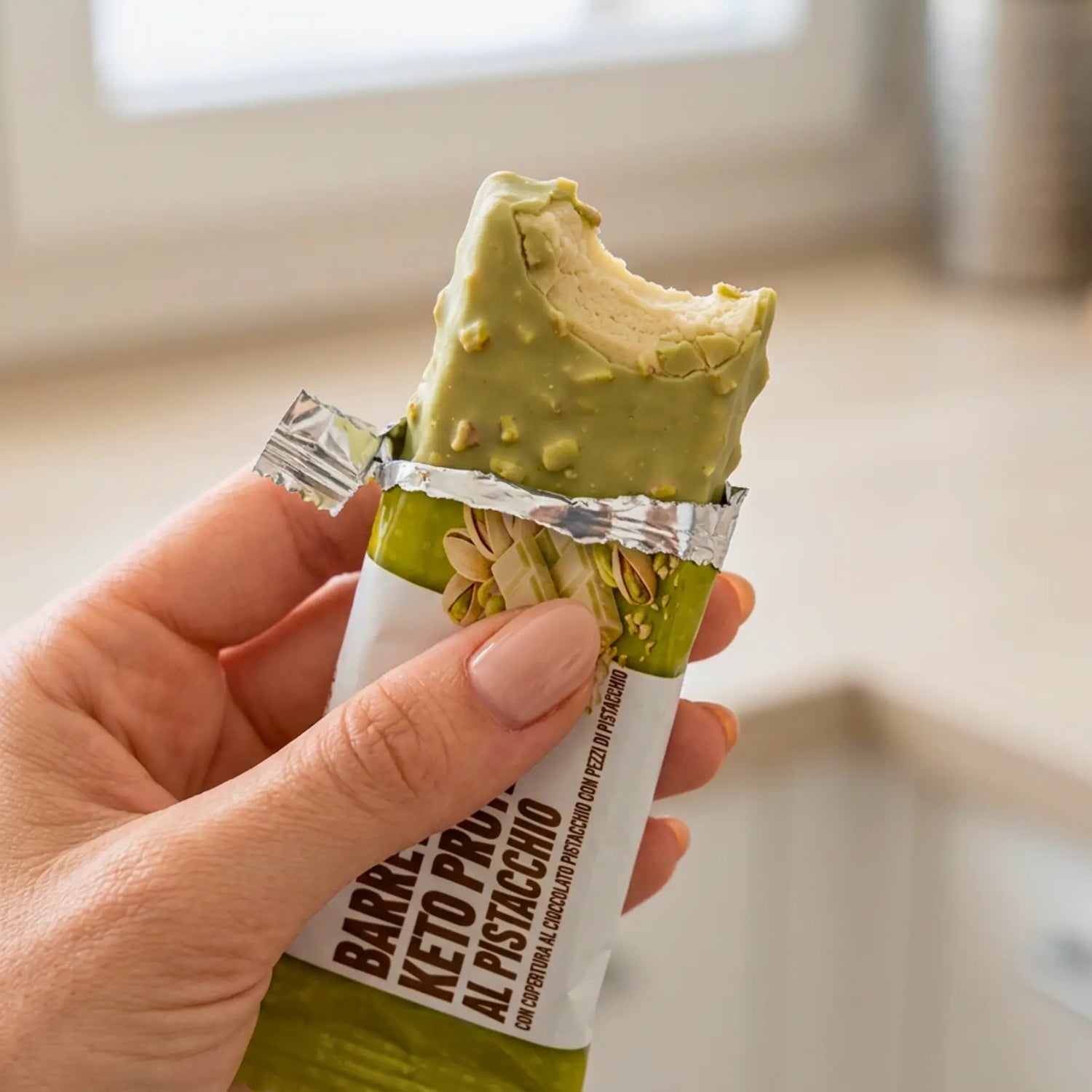 Barretta Keto Proteica al Pistacchio con Copertura al Cioccolato