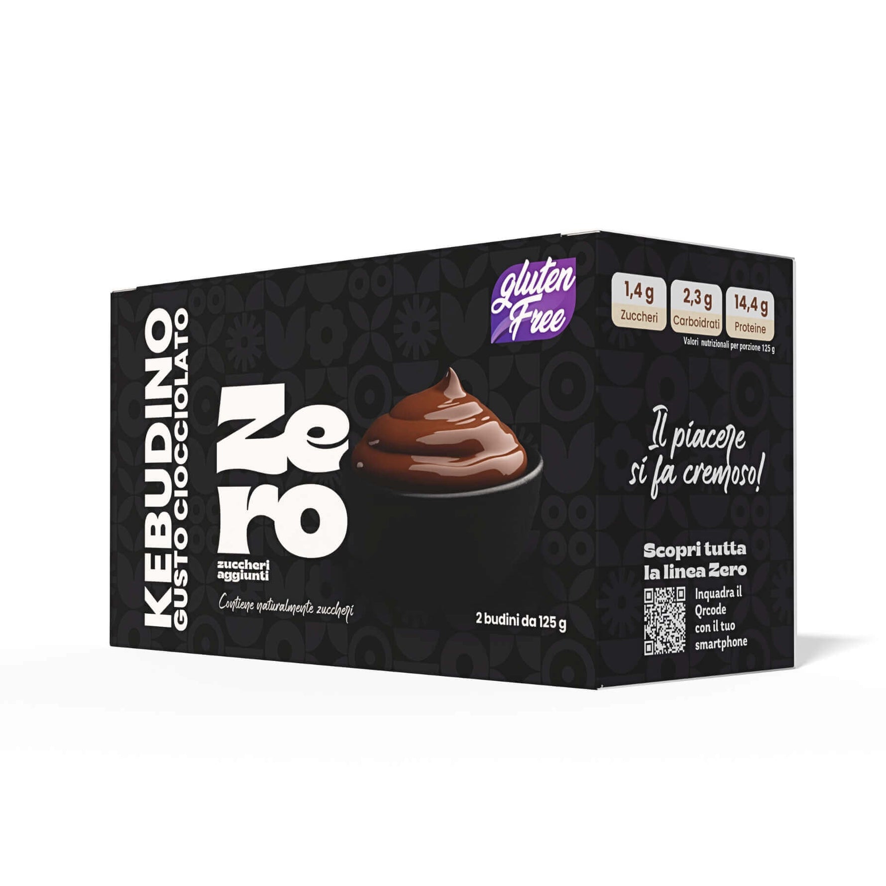 Kebudino proteico al cioccolato, dessert cremoso per dieta chetogenica, 14,4 g di proteine, 2 budini da 125 g.