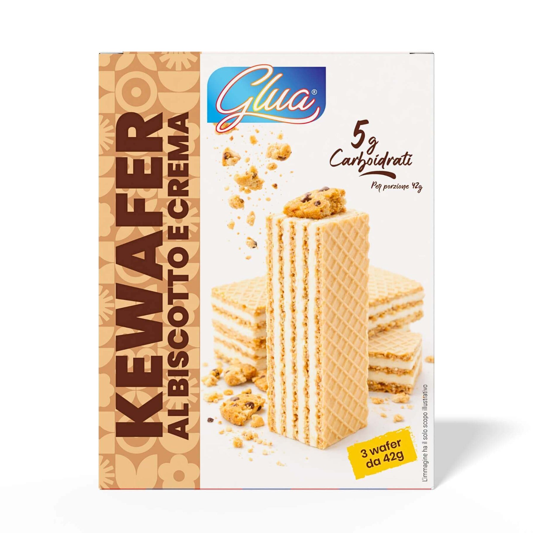 Kewafer ai biscotti e crema, pacchetto di 3 wafer da 42 g, gustosi e adatti per dieta chetogenica.