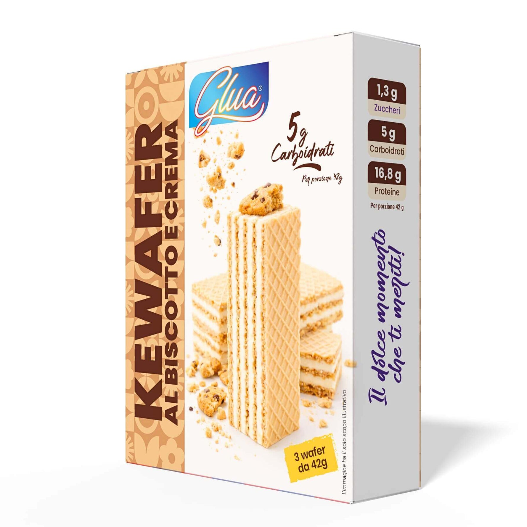Kewafer ai biscotti e crema: snack con gusto esplosivo, 1,3 g di zuccheri, ideale per dieta chetogenica.