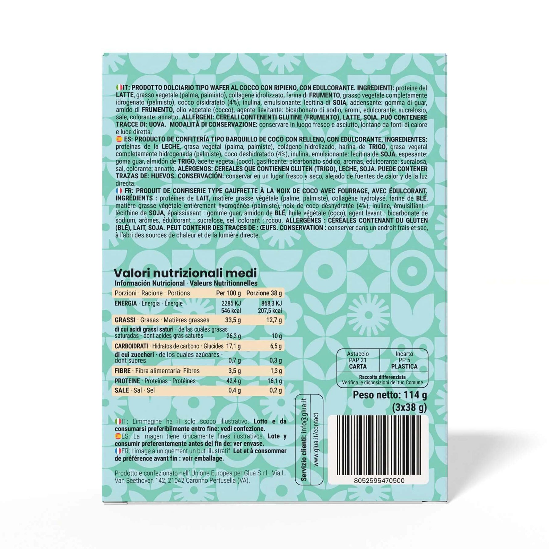 Informazioni nutrizionali del Kewafer al cocco, dolce proteico ideale per dieta chetogenica.