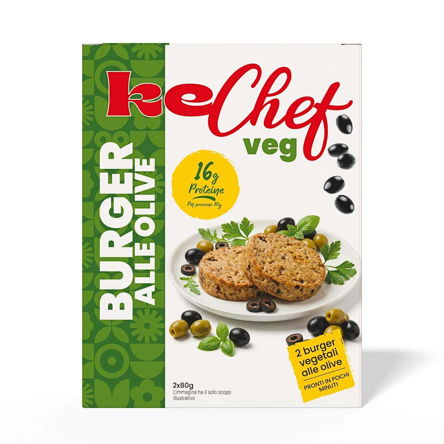 Burger vegetali alle olive nere, 100% vegetariani, pronti in 3-4 minuti per piatti veloci e gustosi.