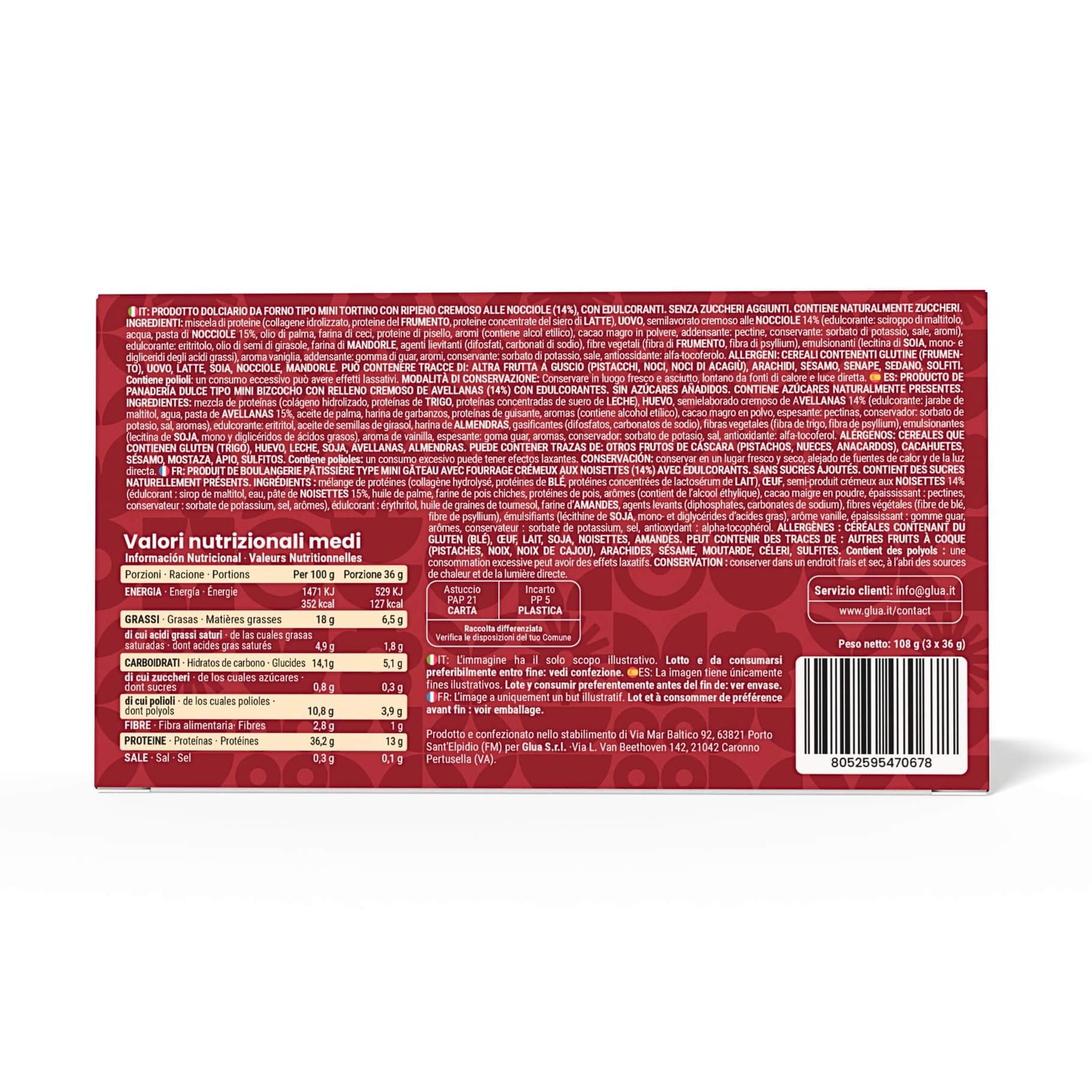 Etichetta nutrizionale dei Tortini cuor di nocciola, adatti per una dieta chetogenica, con dettagli sui valori nutrizionali.