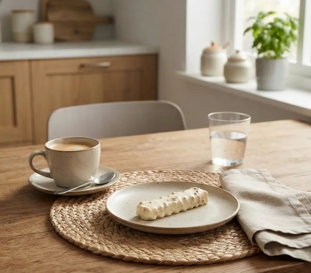 Tavolo apparecchiato con una tazza di caffè, un biscotto keto sulla piatto, e acqua in un bicchiere.