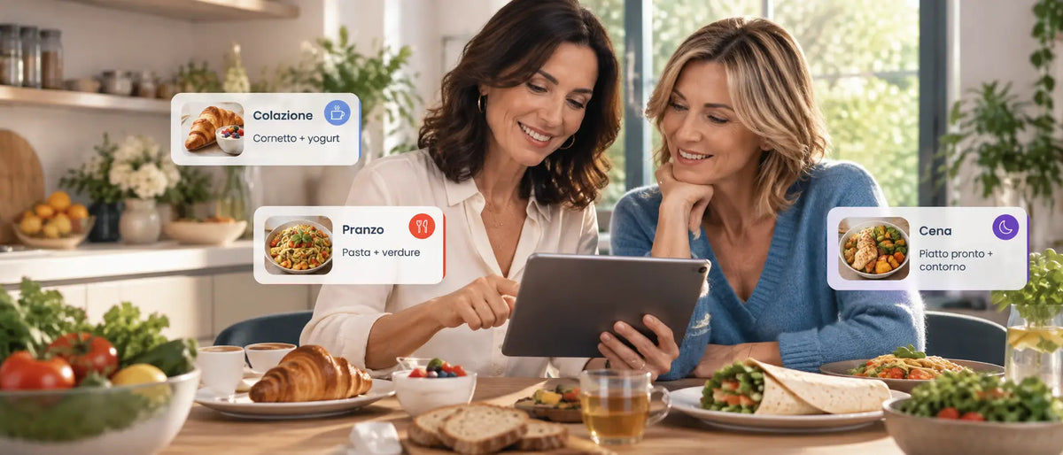 Donna con coach Glua in cucina mentre pianificano colazione, pranzo e cena personalizzati su tablet