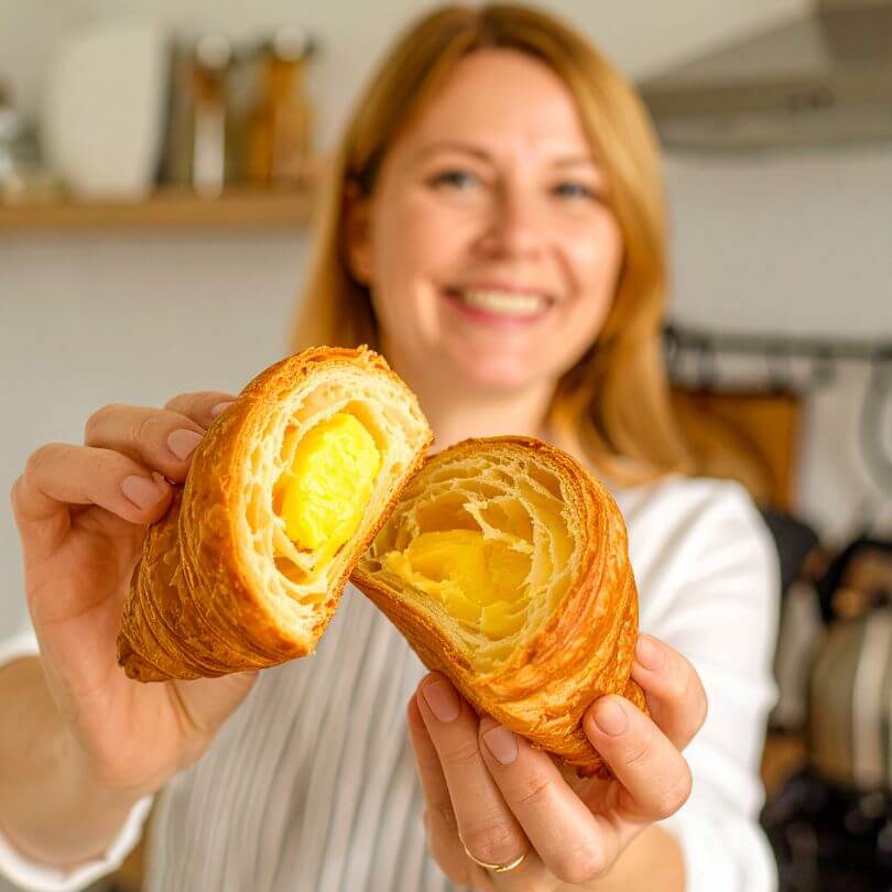 15 Cornetti proteici ripieni di crema al limone mostrati da una persona sorridente in cucina.