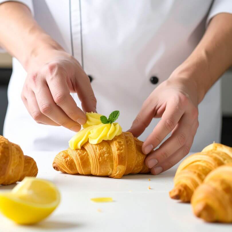 15 Cornetti proteici ripieni di crema al limone decorati con crema al limone e foglia di menta.