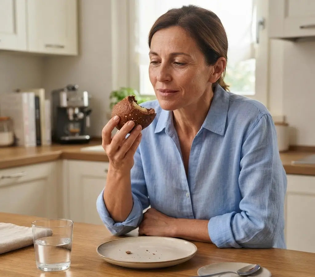 Donna che gusta un dolce keto in cucina, riflettendo sul gusto del momento. Ideale per l'alimentazione sana e glua.