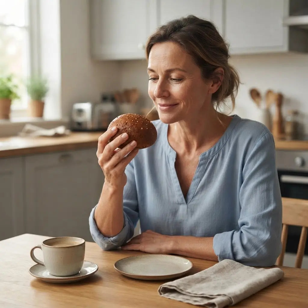 Donna felice che gusta un Cremì Bombolone alla nocciola bianca con caffè, perfetto per alimenti keto e zero zuccheri.