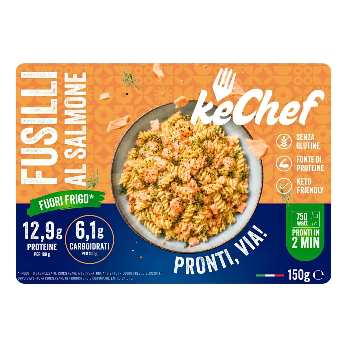 Fusilli keChef al Salmone, piatto pronto keto, senza glutine, proteico e pronto in 2 minuti.