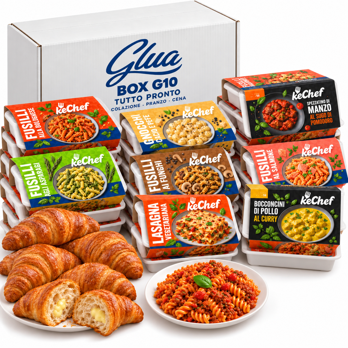 Box G10 Glua: scatolone bianco con logo blu e una selezione di colazioni e piatti pronti, senza spuntini. Immagine illustrativa.