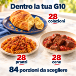 Dentro la Box G10: 28 colazioni, 28 pranzi e 28 cene, per 84 porzioni da scegliere. Esempi illustrativi di presentazione.
