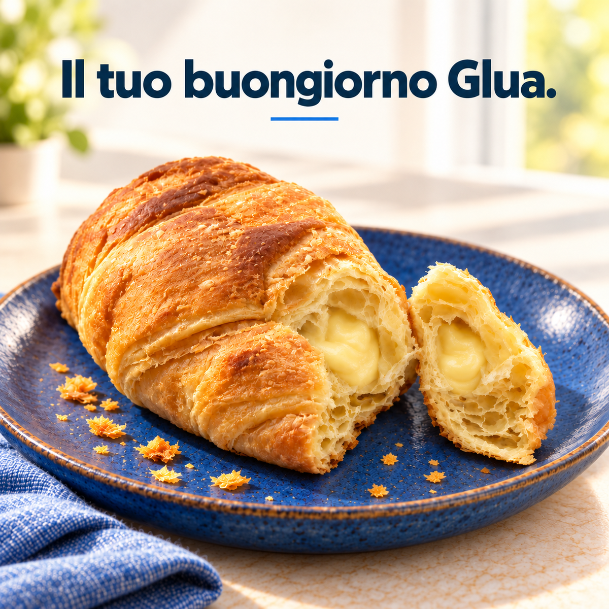 Il tuo buongiorno Glua: proposta di presentazione di un cornetto con crema alla vaniglia su un piatto blu.