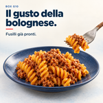 Il gusto della bolognese: fusilli già pronti della selezione Box G10, in una proposta di impiattamento.