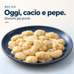 Oggi, cacio e pepe: gnocchi già pronti della selezione Box G10, in una proposta di impiattamento.