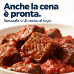 Anche la cena è pronta: spezzatino di manzo al sugo della selezione Box G10, in una proposta di impiattamento.