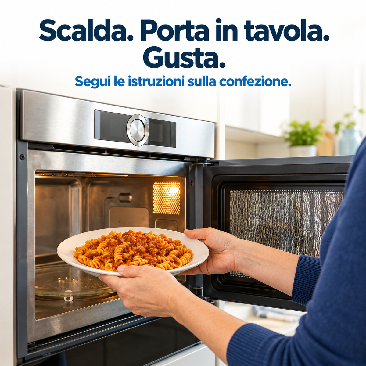 Scalda, porta in tavola e gusta: piatto pronto G10 su ceramica davanti al microonde. Segui le istruzioni sulla confezione.