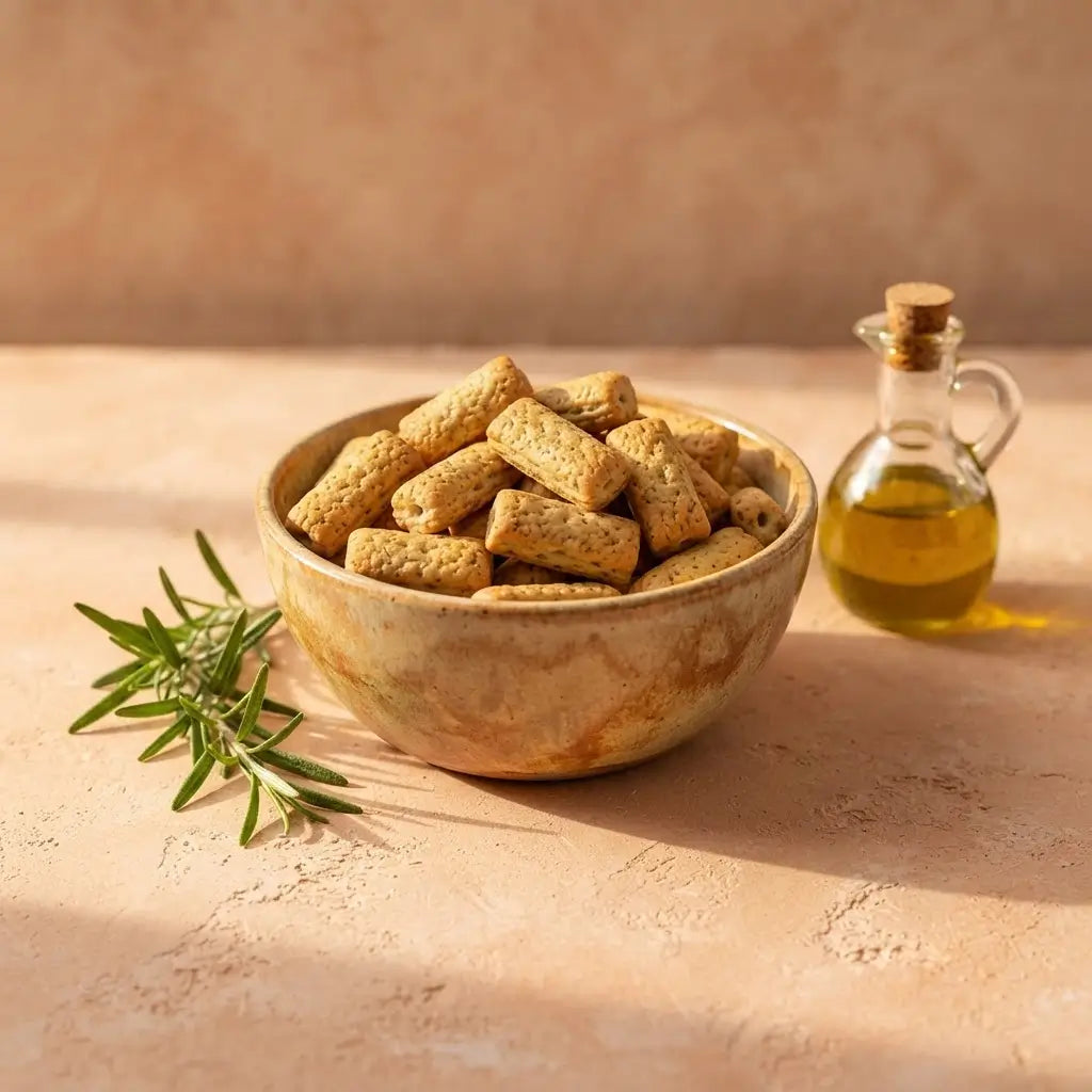 Grissotti keto al Rosmarino in ciotola, con olio extravergine e rosmarino, prodotti keto ricchi di proteine.