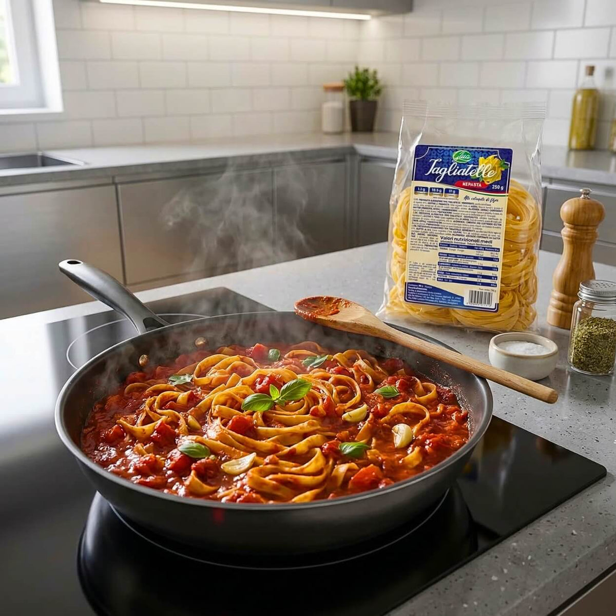 Kepasta tagliatelle 2.5 in padella con sugo, ideale per dieta chetogenica e pasta keto.
