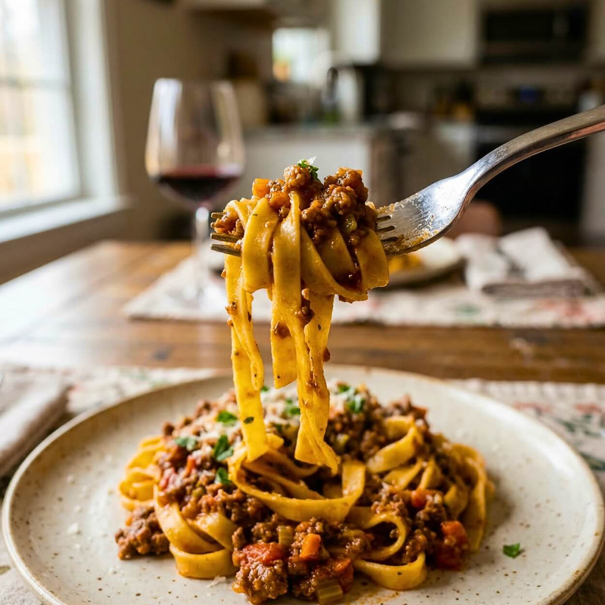 Kepasta tagliatelle 2.5 servita con ragù, ideale per dieta chetogenica e pasta keto.
