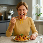 Donna felice che gusta un piatto di Kepasta tagliatelle 2.5 in un ambiente elegante, ideale per dieta chetogenica.