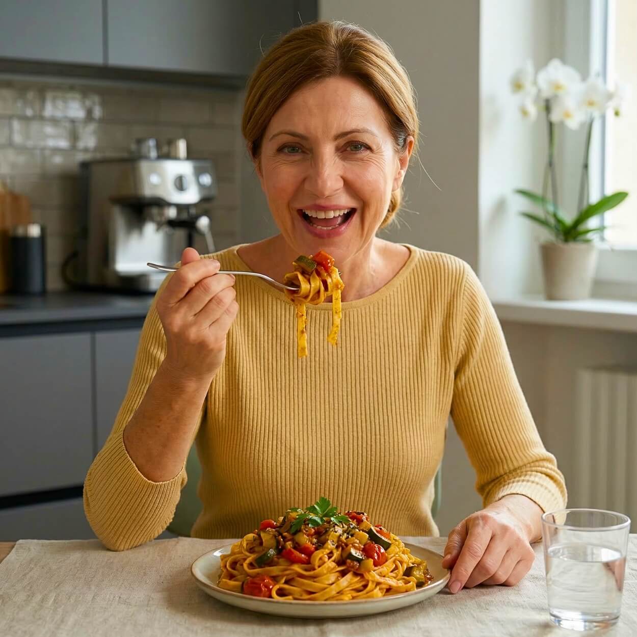 Donna felice che gusta un piatto di Kepasta tagliatelle 2.5 in un ambiente elegante, ideale per dieta chetogenica.