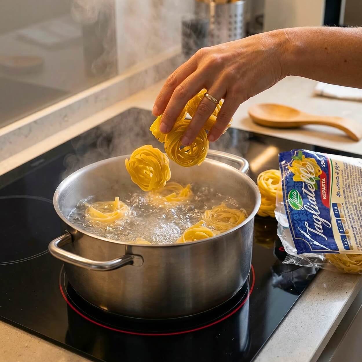 Kepasta tagliatelle 2.5 in cottura, ideale per dieta chetogenica e pasta keto.