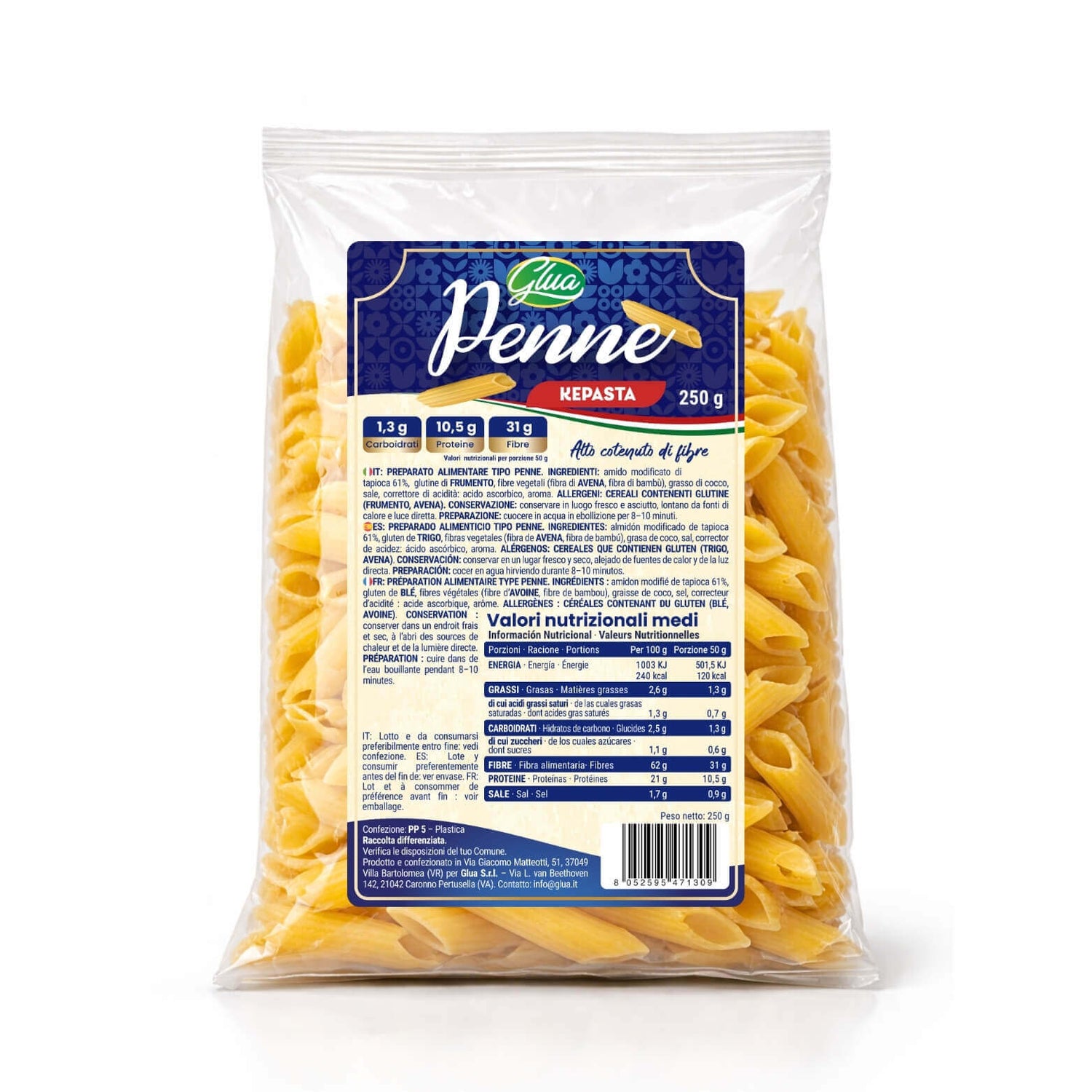 Kepasta penne 2.5, 250 g, ideale per dieta chetogenica, cottura rapida, valore nutrizionale per porzione.