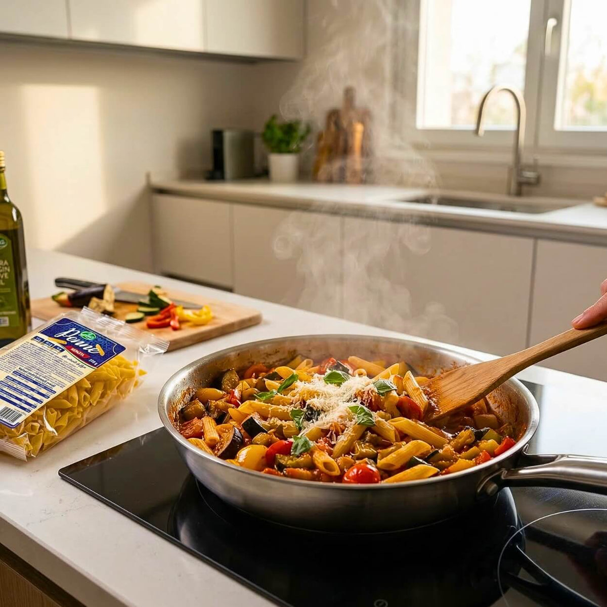 Kepasta penne 2.5 in padella, ricetta keto, pasto veloce e gustoso con verdure fresche.