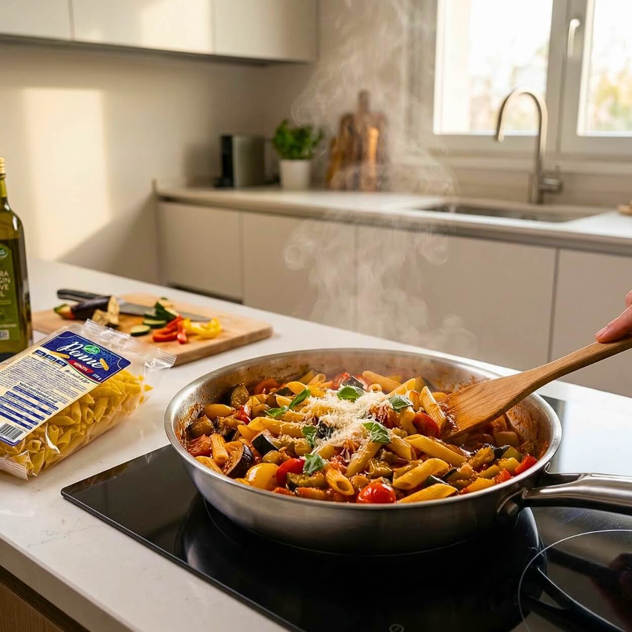 Kepasta penne 2.5 in padella, ricetta keto, pasto veloce e gustoso con verdure fresche.