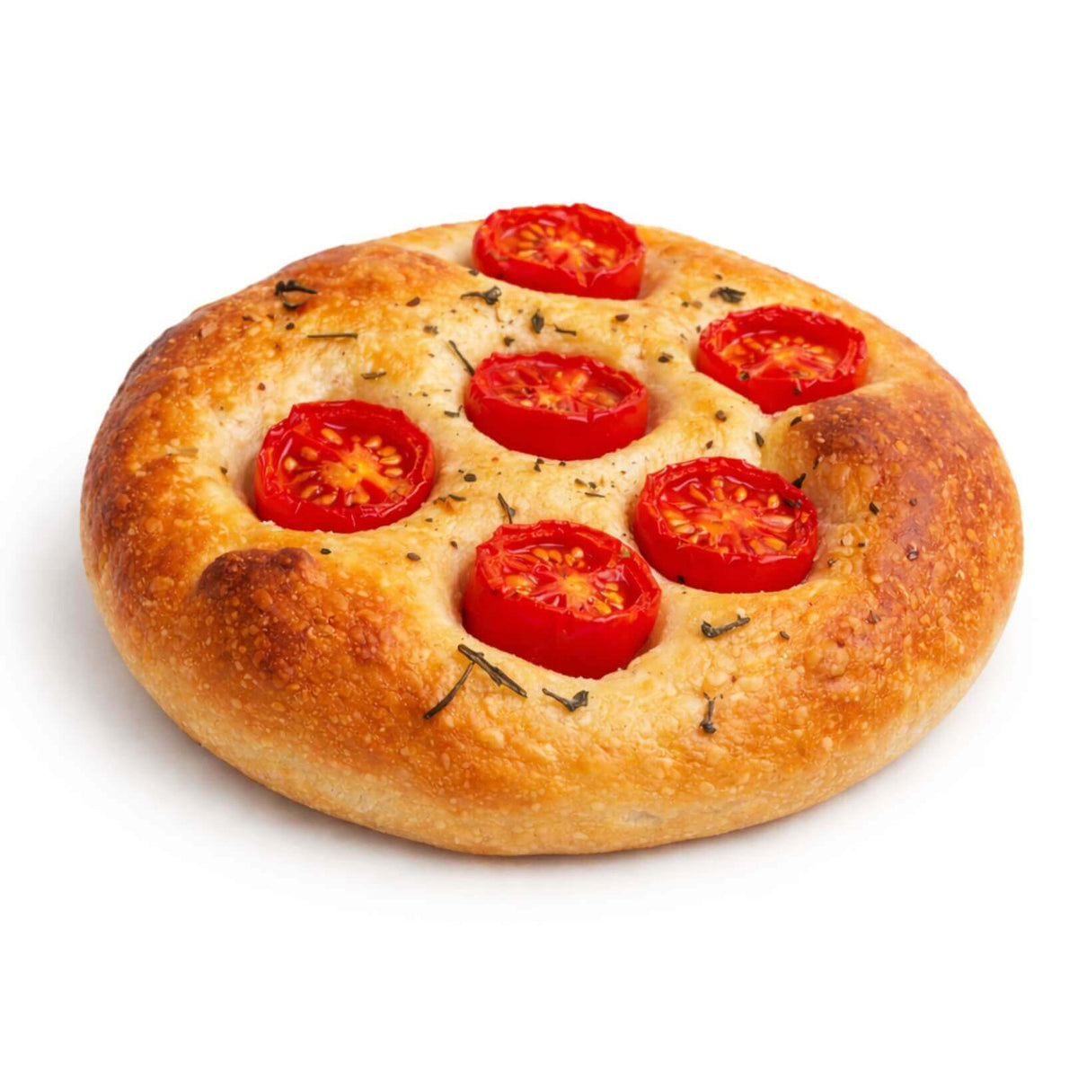 Focaccia Kegràn Pugliese al pomodoro con pomodori freschi e origano, ideale per dieta chetogenica.