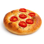 Focaccia Kegràn Pugliese al pomodoro con pomodori freschi e origano, ideale per dieta chetogenica.