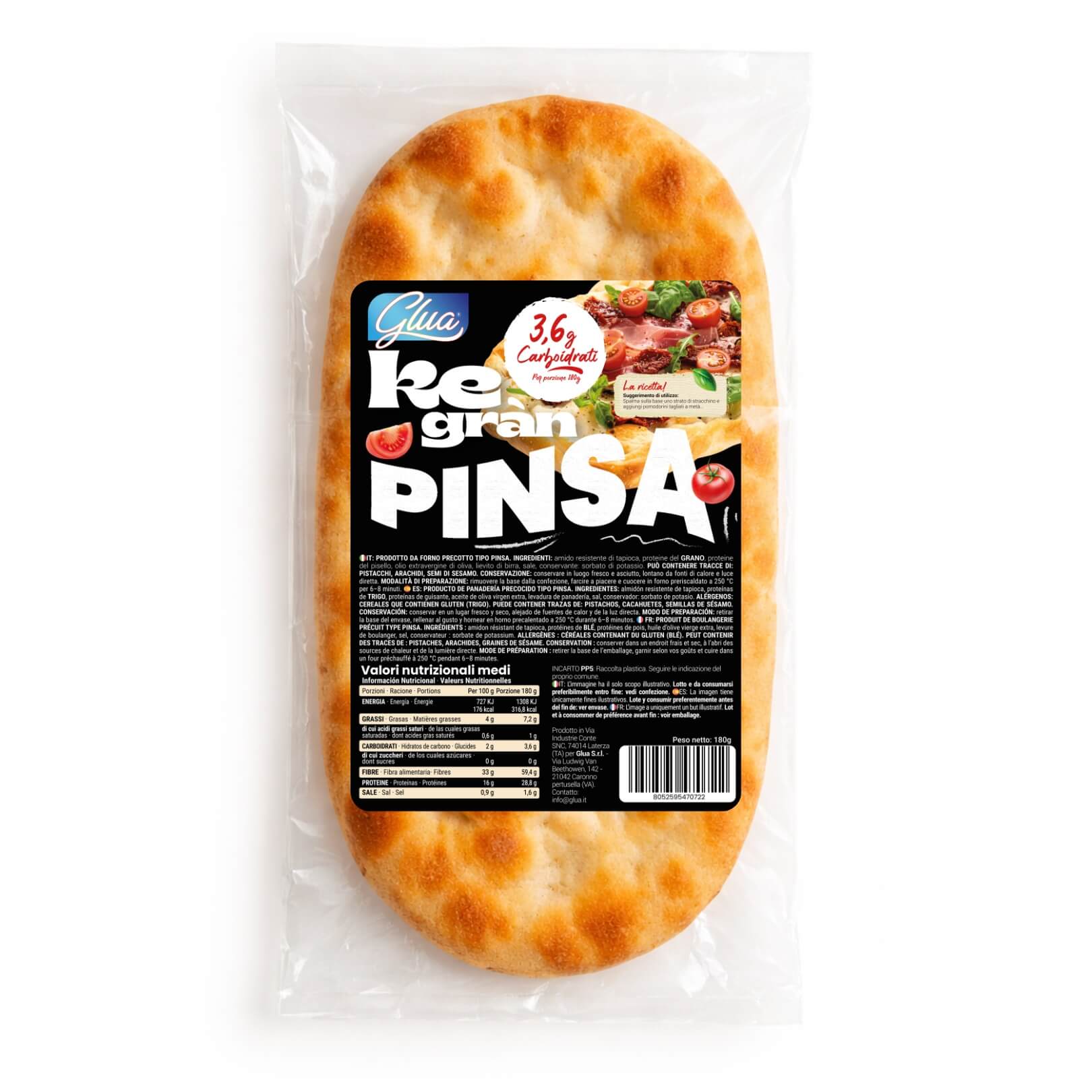 Base Pinsa kegràn proteica, ideale per dieta chetogenica, con solo 3,6 g di carboidrati per porzione da 180 g.