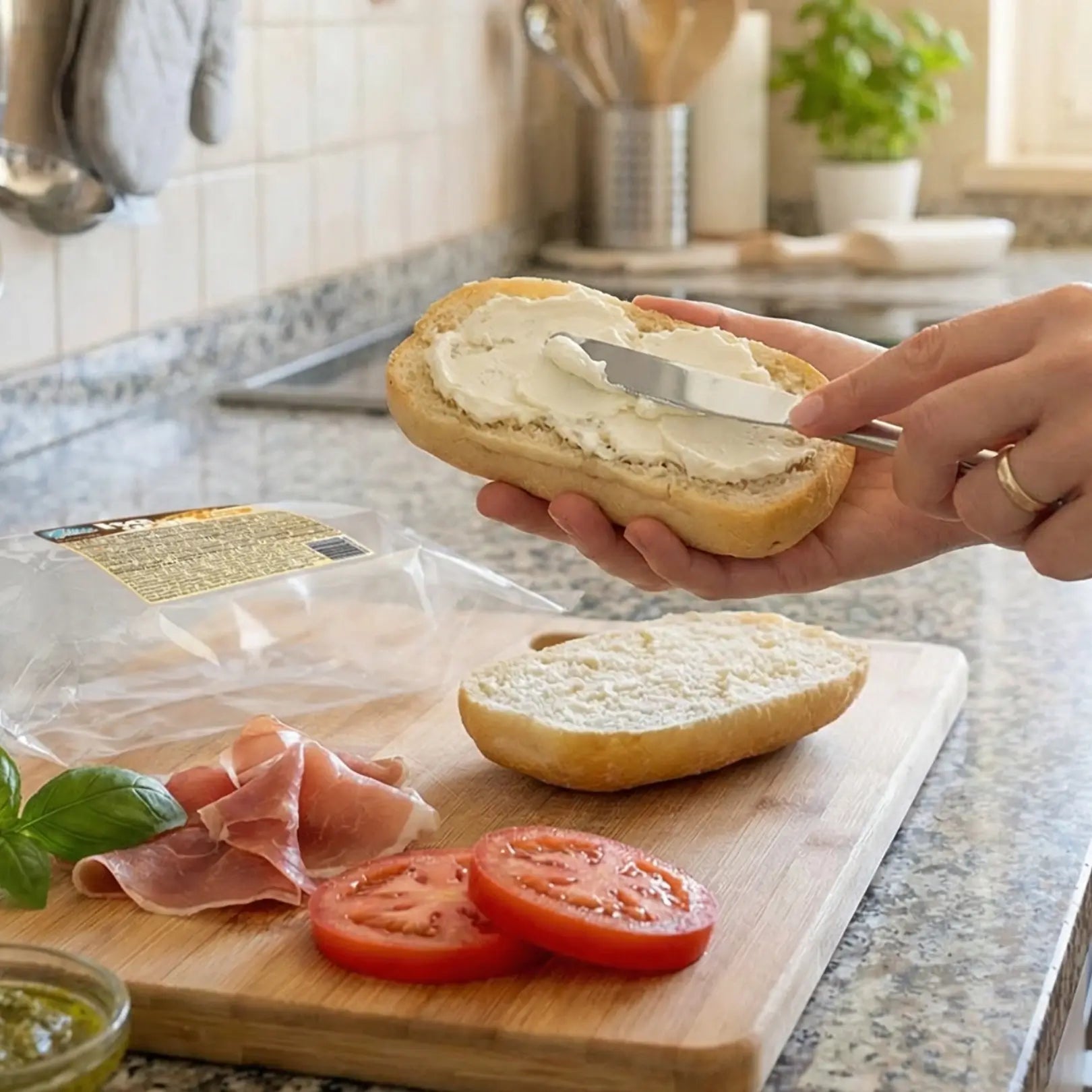 Preparazione del Panino Kegràn con crema, prosciutto e pomodoro per una dieta chetogenica e keto.