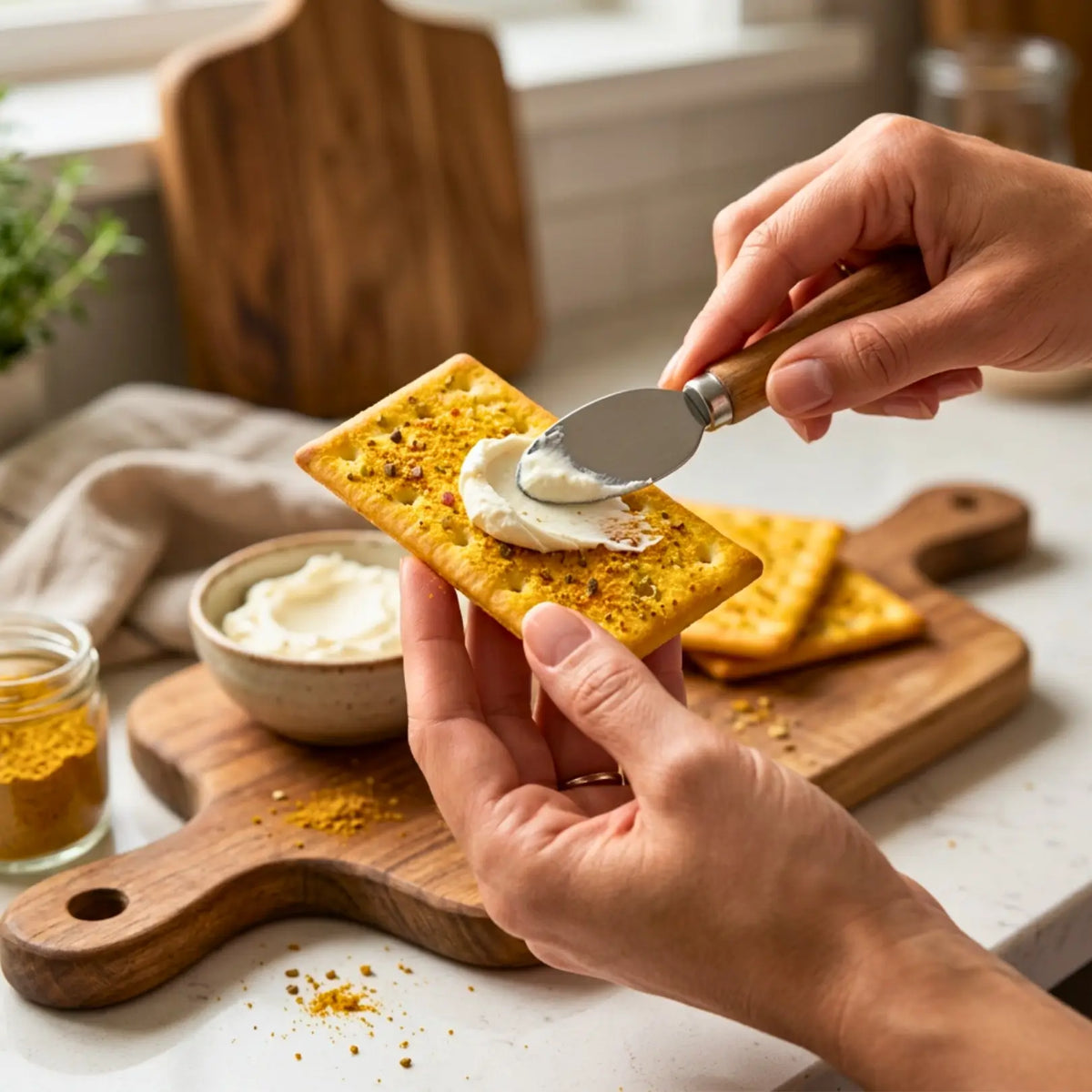 Kegràn Schiacciatine alla curcuma spalmate con crema su un tagliere di legno.