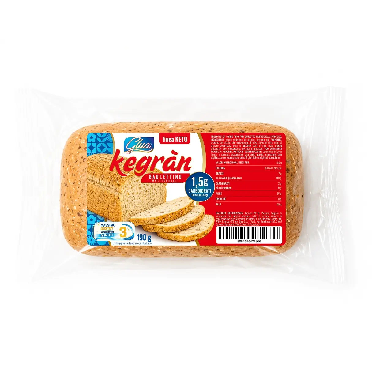 Pane Bauletto Multicereale Keto in confezione da 190g, per diete keto con solo 1,5g di carboidrati per porzione.