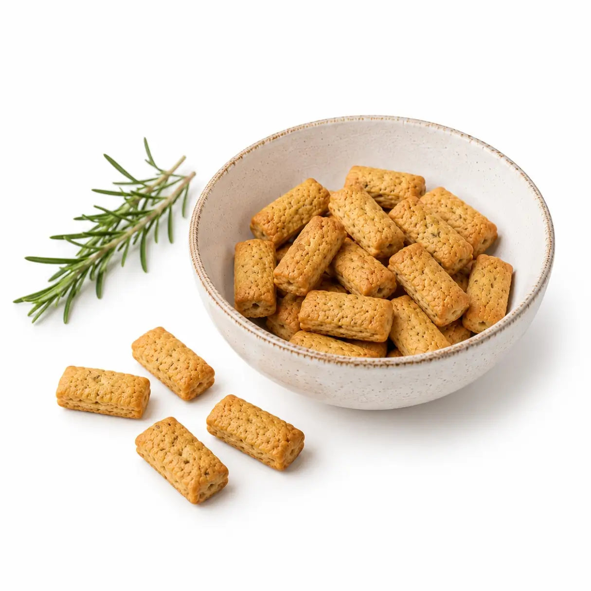 Grissotti keto al Rosmarino in ciotola con rametto di rosmarino, snack keto a basso contenuto di carboidrati.