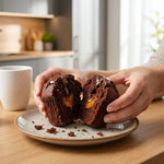15 Muffin proteico multicereale di crema cioccolato e albicocca, ripieni di crema e confettura, su un piatto.