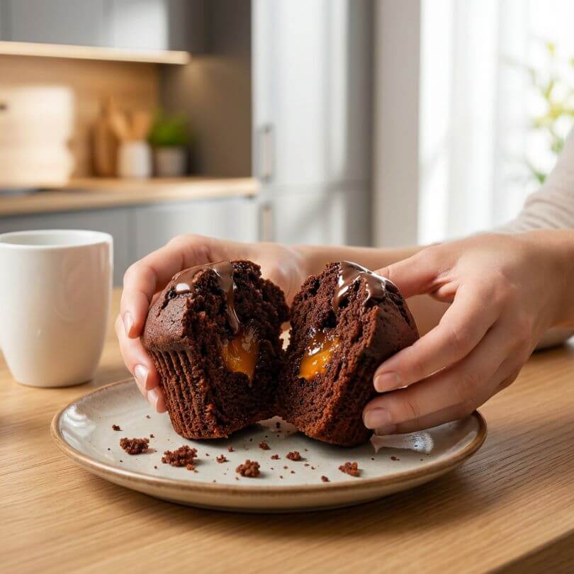 15 Muffin proteico multicereale di crema cioccolato e albicocca, ripieni di crema e confettura, su un piatto.