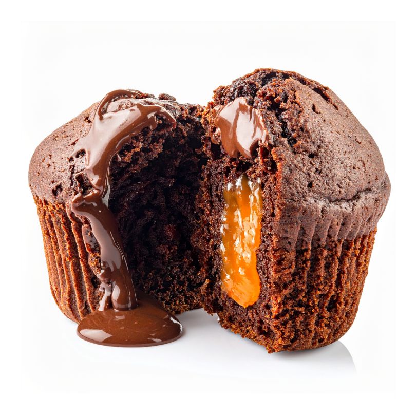 15 Muffin proteico multicereale di crema cioccolato e albicocca, ripieno di crema al cioccolato e confettura di albicocca
