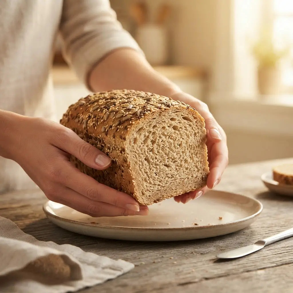 Pane Bauletto Multicereale Keto fresco con semi, ideale per alimenti keto, servito in un piatto.