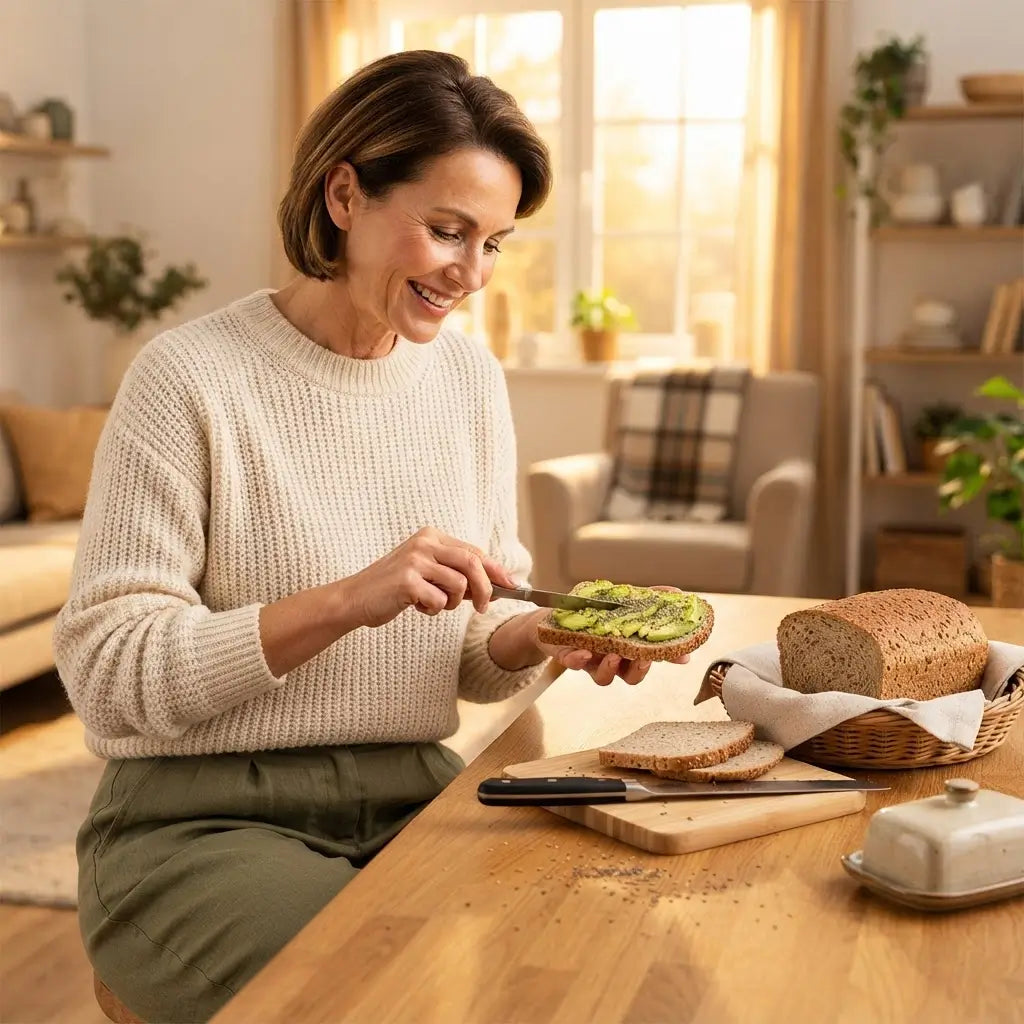 Donna felice che spalmando avocado su una fetta di Pane Bauletto Multicereale Keto in cucina, alimenti keto.